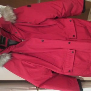 anthony marc red winter coat faux fur hood trim